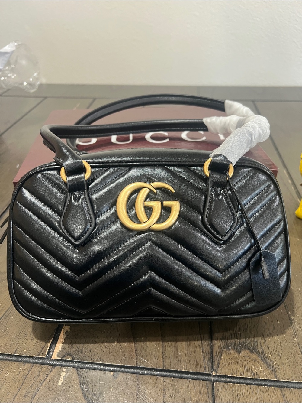 Source Unknown Black Quilted Mini Top-Handle Bag with Gold Hardware